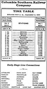 Columbia Southern RR schedule listing Biggs, Oregon stop.